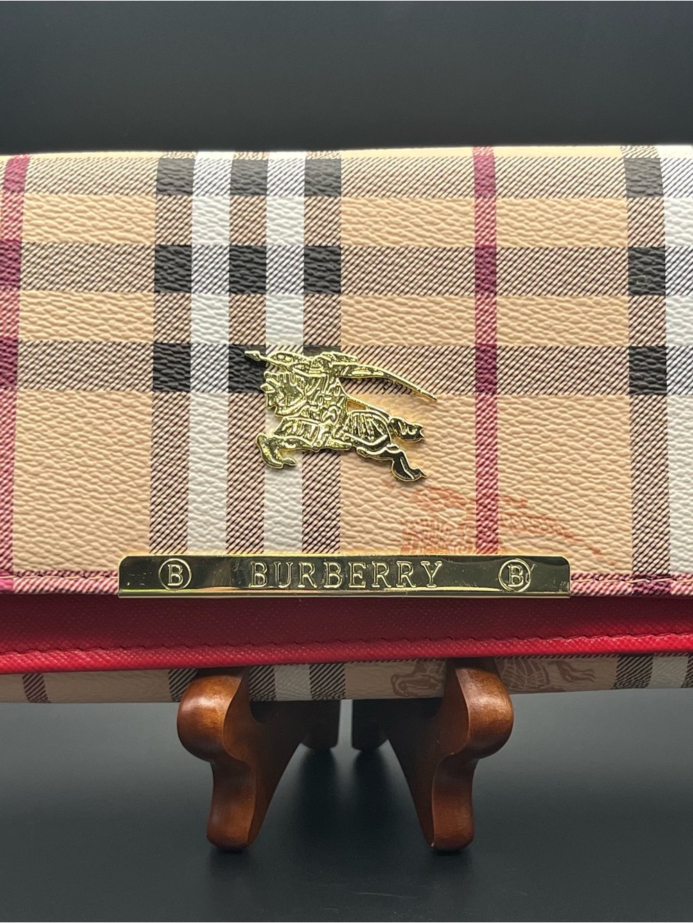 Burberry Check Leather Wallet in Beige and Red